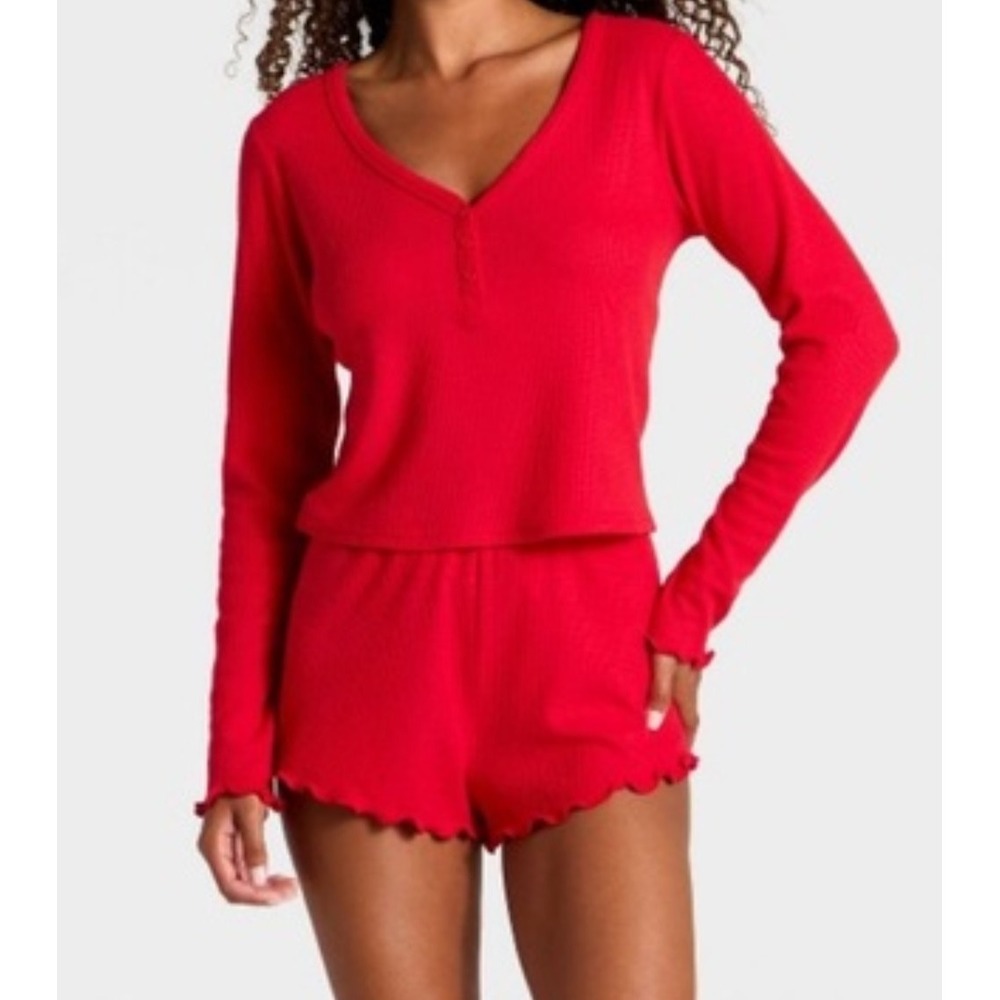 Women's Waffle Long Sleeve Top and Shorts Pajama Set-red size L Wild Fable
